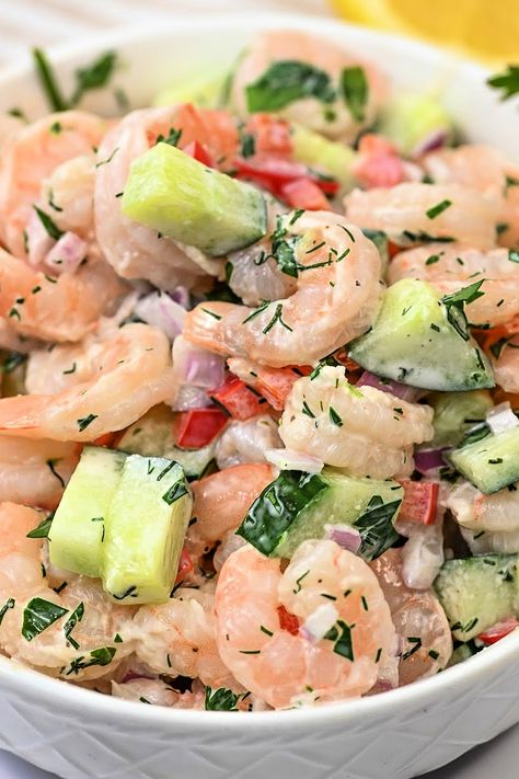 Creamy Shrimp and Cucumber Salad Creamy Cucumber And Shrimp Salad, Shrimp Cucumber Dill Salad, Creamy Cucumber Shrimp Salad, Cucumber Shrimp Salad, Shrimp Cucumber Salad, Shrimp And Cucumber, Cucumbers Salad, Cucumber Shrimp, Avocado Egg Recipes