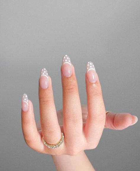 Nail Art Polka Dots, Cute Polka Dot Nails, Polka Dot French Nails, Dotted French Tip, Nail Dotting Designs, White Dots Nails, White Polka Dot Nails, Ethereal Nails, Dotted Nails