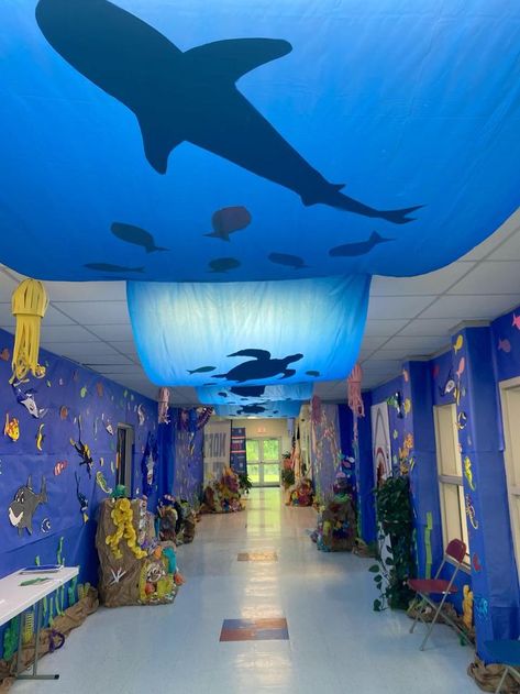 Vbs Ocean Theme, Ocean Vbs, Under The Sea Crafts, Under The Sea Decorations, Ocean Theme Classroom, Mermaid Theme Birthday Party, Underwater Theme, Vbs Themes, Ocean Party