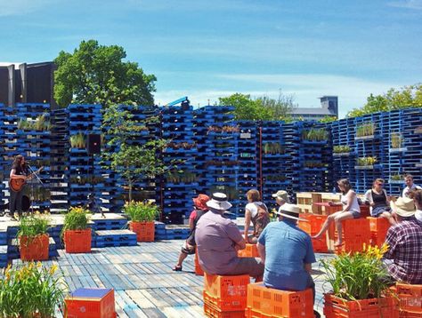 Help Save the Gap Filler Shipping Pallet Pavilion in Christchurch, New Zealand! Pallet Pavilion, Shipping Pallet, Pavilion Architecture, Public Space Design, Shipping Pallets, Eco Architecture, Christchurch New Zealand, Community Space, Urban Furniture