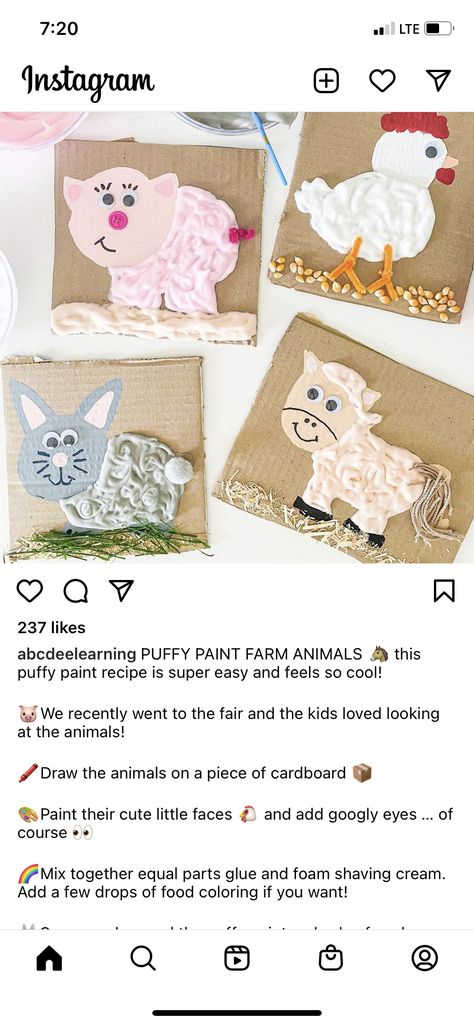 Puffy Paint Farm Animals, On The Farm Art Preschool, Farm Animal Creative Art Preschool, Large Group Farm Activities Preschool, Open Ended Farm Art, Farm Animal Crafts, Farm Unit, Baby Sensory Play, Cardboard Painting