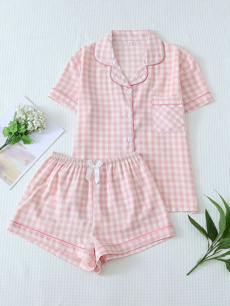 2pcs Women's Plaid Print Short Sleeve Button-Down Pajama Set With Shorts, Summer Loungewear Pink Casual-Young,Casual-Woman    Plaid Short Sets Slight Stretch Summer,Spring/Summer Women Sleep & Lounge, size features are:Bust: ,Length: ,Sleeve Length: Shein Pjs Set, Short Pjs Pyjama Sets, Shein Pyjama Set, Dollete Pajamas, Cute Aesthetic Pjs, Ulzzang Pajamas, Preppy Pajamas Set, Cutecore Pajamas, Pyjamas Cute Nightwear