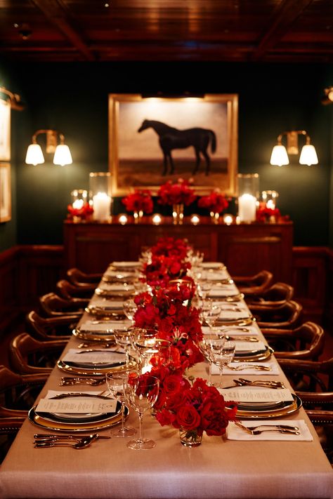 Ralph Lauren Celebrates the Launch of its Mini Stirrup Watch at�—Where Else?—The Polo Bar | Vogue Ralph Lauren Christmas, Dark Deco, Polo Bar, Tafel Decor, Festive Dinner, Cozy Holiday, Taylor Hill, Long Table, Holiday Dinner