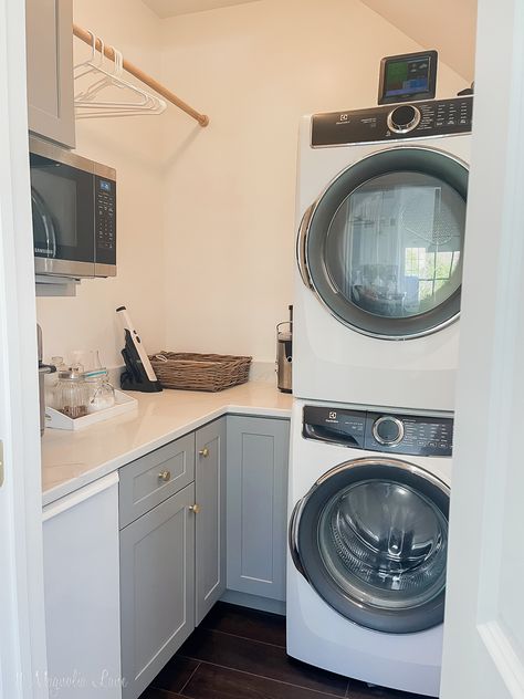 Stackable Washer And Dryer Ideas, Laundry Room With Stackable Washer Dryer, Stackable Washer Dryer Laundry Room, Laundry Room Redo, Washer Dryer Laundry Room, Enamelware Decor, House Laundry Room, Laundry Makeover, Custom Laundry Room