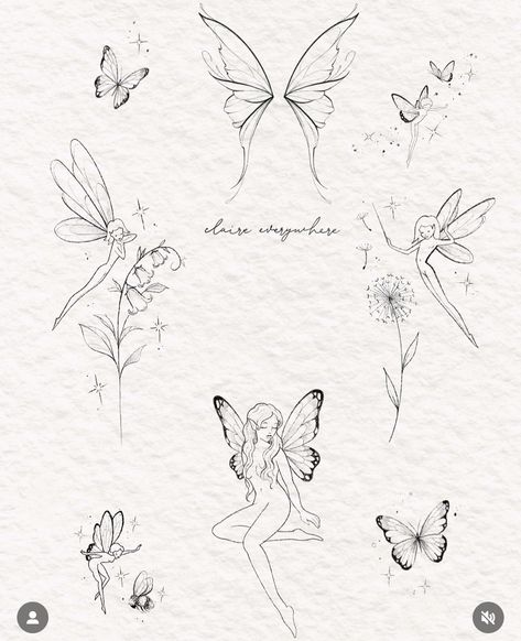 Daisy Fairy Tattoo, Pixie Butterfly Tattoo, Fairy Garden Ideas Tattoo, Dancing Fairies Tattoo, Unique Tattoo Ideas Sketches, Mystical Butterfly Tattoo, Vine Hip Tattoos Women, Ethereal Butterfly Tattoo, Summer Inspired Tattoo