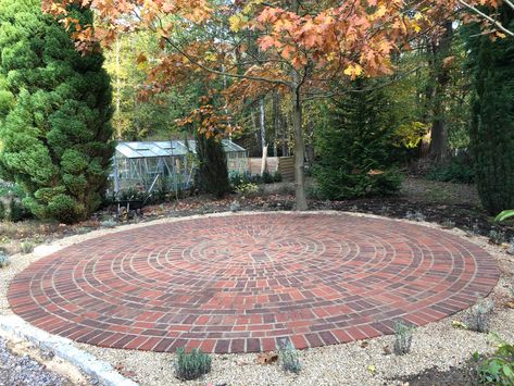 Circular Brick Patio, Circular Seating Area, Circular Paving, Round Pavers, Circular Seating, Circle Patio, Hardscape Patio, Paver Fire Pit, Curved Patio