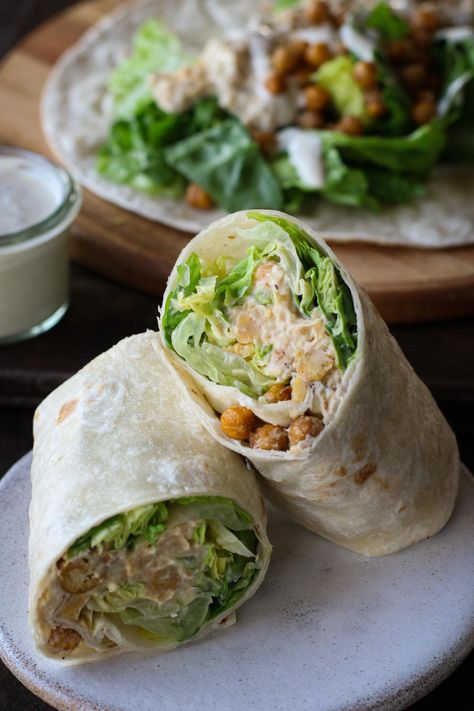 Chickpea Caesar Salad, Caesar Salad Wrap, Salad Wrap, Gluten Free Wraps, Salad Wraps, Tomato Vegetable, Tortilla Wraps, Roasted Chickpeas, Vegan Condiments