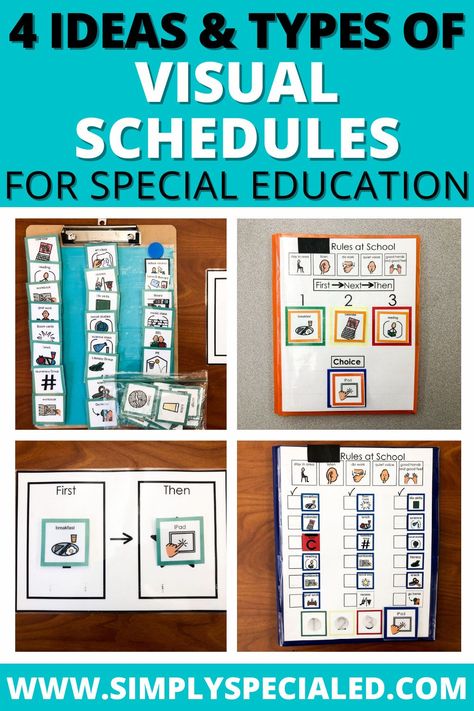 Creating schedules for your special education classroom doesn't have to be complicated, but it's good to use variety based off of your individual students' level. In this post, I'm sharing ideas and tips for integrating 4 different types of schedules that I use with my elementary special education students. Providing a structured schedule and predictable routine is a great way to support your special ed students, and also set them up for success! Individual Classroom Schedules, Individual Visual Schedule Preschool, Kindergarten Special Ed Activities, Special Ed Visual Schedule, Individual Student Visual Schedule, Special Ed Schedule Ideas, Pre K Special Education, Sped Visual Schedule, Special Education Schedule Ideas