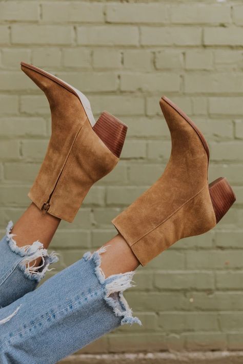 Western Ankle Boot - Suede Boots for Fall | ROOLEE Matisse Caty Boot Outfit, Taupe Booties Outfit, Western Ankle Boots Outfit, Mom Inspo, Ankle Boots Outfit, Camel Boots, Fall Winter Shoes, Getaway Outfit, Boots Outfit Ankle