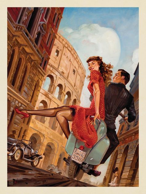 Oil Painting: Rome By Vespa Stare Reklamy, Vintage Italian Posters, Poster Art Deco, Grafika Vintage, Affiches D'art Déco, ポップアート ポスター, Italian Posters, Anderson Design Group, Deco Poster