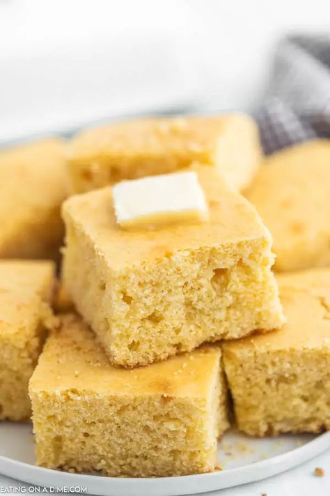 This is a simple homemade cornbread recipe. It is the perfect side to your favorite soup or chili recipe. It is easy to make and taste great! Learn how to make homemade cornbread from scratch with this easy recipe! #eatingonadime #cornbreadrecipes #sidedishes #sidedishrecipes Homemade Sweet Cornbread, Buttery Cornbread Recipe, Cornbread Homemade, Homemade Cornbread Recipe, Tropical Fruit Salad Recipe, Cowboy Cornbread, Easy Homemade Cornbread, Buttery Cornbread, Easy Cornbread