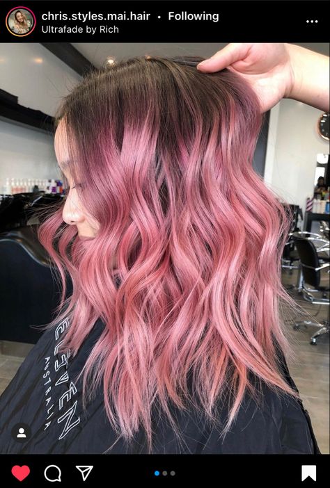 Rooty Pink Hair, Pastel Pink Bayalage Hair, Bubblegum Pink Balayage, Pale Pink Hair Dark Roots, Dusty Rose Pink Hair, Pink Hair With Shadow Root, Pink Bayalage Hair, Pink Hair With Dark Roots, Warm Pink Hair