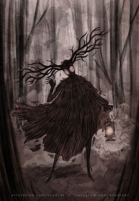 Creepy Fairytale Art, Unsettling Art Weird, Dark Fairytale Illustration, Flat Woods Monster, Scary Forest Drawing, Folk Horror Art, The Beast Over The Garden Wall, Nomadic Drawing, Forest Vampire