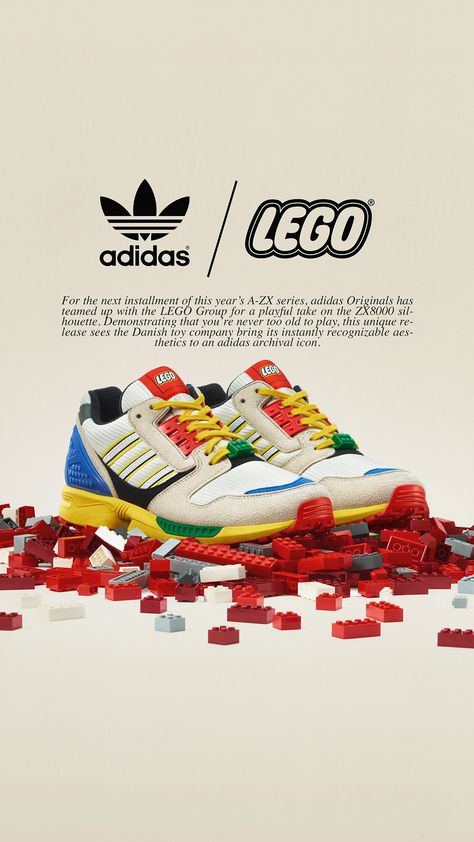 A playful take on the classic LEGO brick and ZX8000. @adidasoriginals x @LEGO ZX 8000 releases 9/25. Link in bio to enter the draw.⁠ ⁠ ⁠ ⁠ #AtoZX #adidasZX #adidas #lego #adidasoriginals #legos #adidassneakers #sneakeraddict #legobricks #myfeature Collaboration Poster Brand, Brand Collaboration Poster, Collaboration Poster Design, Brand Collaboration Design, Lego Collaboration, Lego Adidas, Adidas Ads, Collaboration Poster, Brand Collab