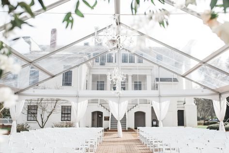 Clear wedding ceremony tent with all whites for this rain plan at Taylor Grady House this spring Wedding Ceremony Tent, Ceremony Tent, Southern Backyard, Clear Top Tent, Athens Wedding, Athens Georgia, Tent Rentals, Wedding Tent, Clear Top