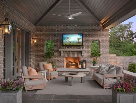 Outdoor Fireplace Wall Ideas, Patio Tv, Traditional Porch, Patio Fireplace, Outdoor Pavilion, Outdoor Tv, Beautiful Patios, Swivel Chairs, Brick Patios