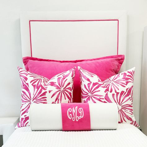 Dorm Decor has a new twin headboard. Contrasting Trim color in Bella Hot Pink. What if your bed is different next year? How do you know your headboard will work? Buy the Dorm Decor Headboard! It works with almost any twin dorm bed! attaches with velcro straps to high headboard posts legs have multiple height settings measures 40"W x 39"H x 1"D This headboard is sturdy and made to last. Visit our "How To" Video page to see a detailed video. Dorm Bed Headboard, Dorm Seating, Dorm Bed Skirts, Dorm Lighting, Dorm Headboard, Dorm Room Rugs, Dorm Bed, High Headboard, Dorm Inspiration