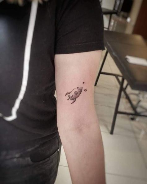 Small Rocket Tattoo, Rocket Ship Tattoo, Atom Tattoo, Rocket Tattoo, Minimal Tattoos, Small Shoulder Tattoos, Planet Tattoos, Healing Tattoo, Ship Tattoo