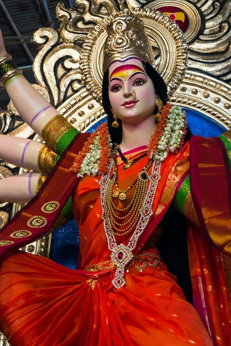 A beautiful idol of Maa Durga at a workshop in Mumbai. Download this photo by Sonika Agarwal on Unsplash Durga Ashtami Images, Navratri Devi Images, Gold Floral Dress, Lord Durga, Maa Durga Photo, Festival Quotes, Durga Picture, Durga Kali, Navratri Festival