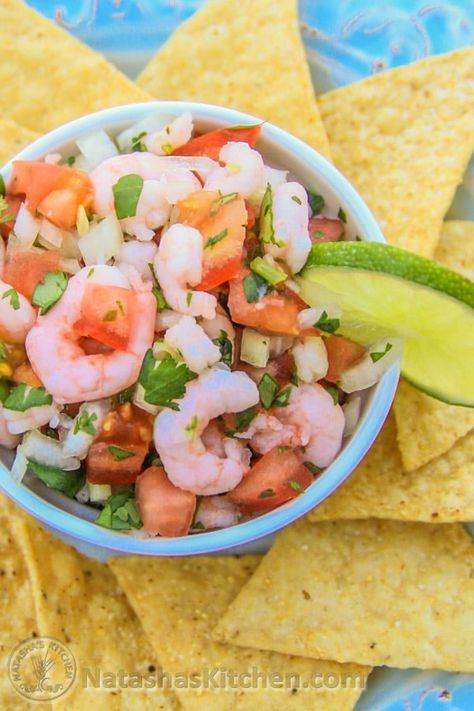 This shrimp pico de gallo awesomely simple and light. Enjoy this appetizer with some tortilla chips and some hot sauce over the top. Mexican Ceviche Recipe, Best Ceviche Recipe, Shrimp Salsa Recipe, Ceviche Recipe Mexican, Shrimp Salsa, Recipe With Shrimp, Mexican Ceviche, Cooked Shrimp, Ceviche Recipe