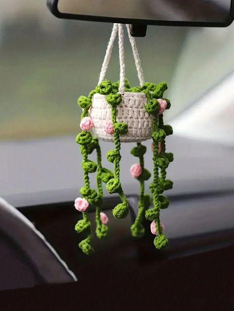 1pcs car pendant Handcrocheted cute plant car rearview mirror Creative pendant car decorationI discovered amazing products on SHEIN.com, come check them out! Rearview Mirror Crochet, Mirror Flowers, Mirror Creative, Crochet Plants, Rearview Mirror Decoration, Car Rearview Mirror Accessories, Diy Crafts Crochet, Rear Mirror, Crafts Crochet