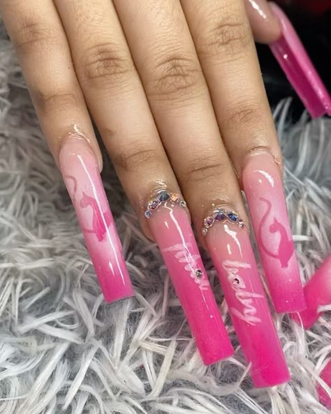 Pink Early 2000s Nails, Baby Phat Nails, Baby Phat, School Nails, Cute Acrylic Nail Designs, Dope Nail Designs, Birthday Nails, Long Square Acrylic Nails, Pink Acrylic Nails