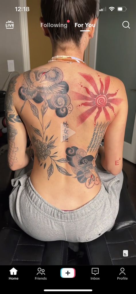 Mexican Back Tattoo Women, Big Colorful Tattoos, Big Coverup Tattoo Ideas, Words Back Tattoo, Back Tattoos Dragon Woman, Colorful Back Tattoo, Stingray Tattoo Back, Abstract Neck Tattoo, Back Shoulder Tattoo Ideas