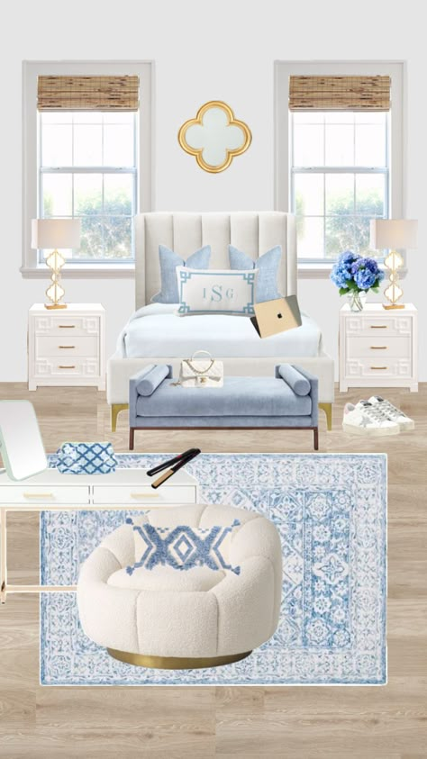 #myfirstshuffle Coastal Granddaughter Bedroom, Granddaughter Bedroom, Light Blue Rooms, Blue And White Bedroom, Blue And Gold Bedroom, Bedroom Summer, Costal Bedroom, Blue Dorm, Blue Room Decor