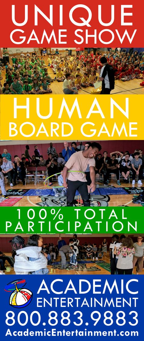 Ultimate Human Board Game School Assembly. Fun activities for field days and family nights. Team-building school show! Grades K-12! Call 800-883-9883 or visit our website to learn more! Fun School Assembly Ideas, Field Day Activities For Middle School, Human Board Games, Assembly Activities School, School Assembly Games, School Assembly Ideas, Feild Day, Assembly Games, Spirit Character