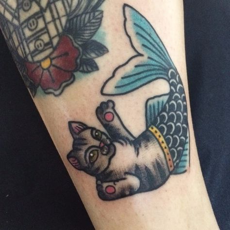 Mermaid Color Tattoo, Traditional Sea Creature Tattoo, Purrmaid Tattoo, Cat Mermaid Tattoo, American Traditional Animals, American Traditional Fish, American Traditional Animal Tattoo, American Traditional Cat Tattoo, Tommy Tattoo