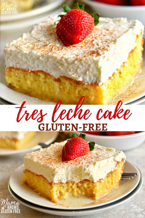 Really good! Authentic homemade gluten-free Tres Leches Cake. Sponge cake soaked in sweet milk and topped with fresh whipped cream. #glutenfreerecipes #glutenfreecake Gluten Free Tres Leches Cake, Gluten Free Tres Leches, Healthy Vegan Dessert, Glutenfri Baking, Leche Cake, Tres Leches Cake Recipe, Fresh Whipped Cream, Cheesecake Vegan, Gluten Free Cake Recipe