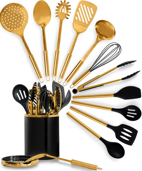 PRICES MAY VARY. Get Ready for Culinary Perfection! This 13-piece black and gold kitchen utensils set has everything you need for your cooking adventures. From a large black utensil holder with a detachable gold spoon rest to six black silicone and gold utensils and five gold stainless steel utensils, this set ensures you're always equipped and organized. Say goodbye to clutter and hello to kitchen bliss and stylish efficiency! Yes, You Can Cook with Confidence! Our black and gold cooking utensi Black And Gold Kitchen Decor, Gold Kitchen Utensils, Black Utensils, Black And Gold Kitchen, Gold Utensils, Gold Kitchen Accessories, Steel Utensils, Ceramic Utensil Holder, Kitchen Utensils Set