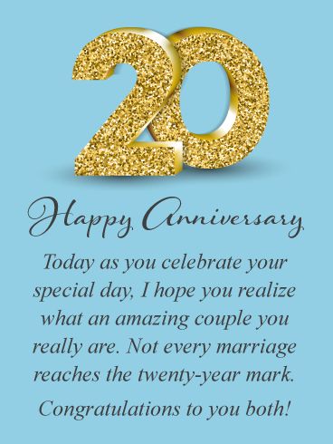 This fabulous anniversary card features a fantastic sparkling golden number 20! It will certainly add some excitement to the happy couple’s big milestone wedding anniversary. This card will allow you to wish this amazing couple a happy anniversary and let them know how much you care. Not every marriage lasts 20 years, so this milestone is a big deal! Let them know how big it really is by sending this special greeting card on its way! Happy 20th Anniversary Wishes, 20th Wedding Anniversary Quotes, 20th Anniversary Quotes, 20th Anniversary Wishes, Happy 20th Wedding Anniversary, Anniversary For Couple, Happy Anniversary Mom Dad, Anniversary Wishes For Parents, Anniversary Quotes For Couple