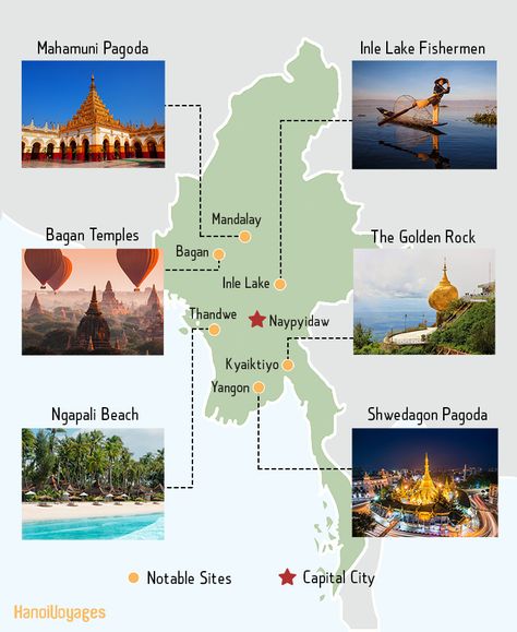 Visit Myanmar's most famous destinations: Inle Lake, Bagan, Yangon and more! Myanmar Map, Backpack Asia, Myanmar Country, Travel Dairy, Myanmar Famous Places, Naypyidaw, Burma Travel, Ngapali Beach, Yangon Myanmar