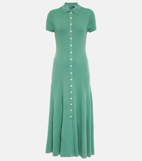 Wool Maxi Dress, Ralph Lauren Looks, Embroidered Denim Shirt, Preppy Aesthetic, Button Up Dress, Ralph Lauren Outfits, Maxi Dress Green, Green Wool, Vestido Casual