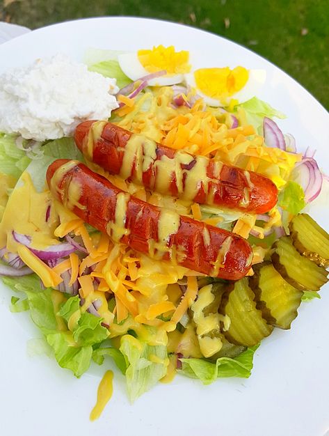 Healthy Hot Dog Recipes, Hot Dog Salad, Keto Honey Mustard, Honey Mustard Dressing Recipe, Keto Honey, Healthy Hot Dog, Salad With Honey Mustard Dressing, Menu Sarapan Sehat, Hot Dog Toppings