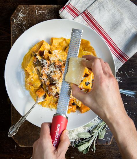 Homemade Pappardelle with Kabocha Squash Sauce, ‘Nduja, and Sage Homemade Pappardelle, Squash Sauce, Kitchenaid Pasta, Sardine Recipes, Future Chef, Squash Puree, Pasta Roller, Kabocha Squash, Pumpkin Squash