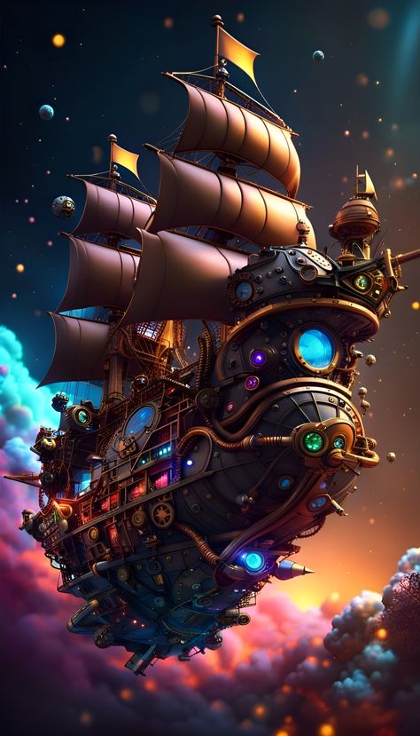 Steampunk Spaceship, Steampunk Pirate Ship Concept Art, Space Pirates, Space Pirate Ship, Cyberpunk Pirate Ship, Burning Pirate Ship, Steampunk Airship Captain, Sunken Pirate Ship, Airship Art