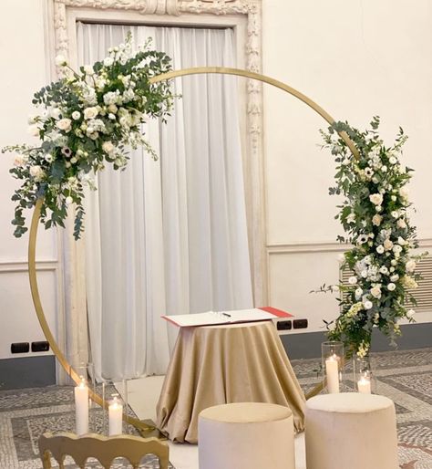 30+ Beautiful Wedding Arch Ideas - The Glossychic Indoor Wedding Arch Ideas, Simple Wedding Venue Decorations, Round Wedding Arch Ideas, Moongate Arch Wedding, Engagement Arch, Wedding Arch Ideas Indoor, Fabric Wedding Arch, Wedding Altar Ideas, Winter Wedding Arch