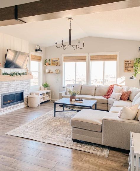 Sectional Living Room Layout, Fireplaces Layout, Black Fireplace, Living Room Layout, Diy Window, White Living, White Living Room, Livingroom Layout, Living Room Sectional