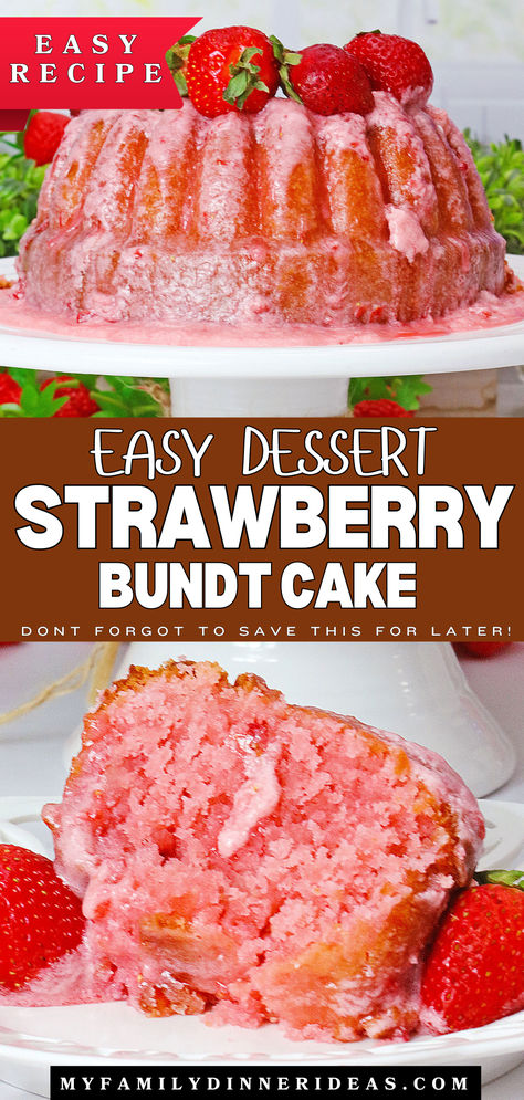 Strawberry bundt cake Strawberry Cake With Strawberry Jam, Pound Cake Strawberry, Strawberry Cake Mix Recipes, Strawberry Bundt Cake, Strawberries And Cream Cake, Cake Mix Recipe, Soft Cake, Cake From Scratch, Strawberry Glaze