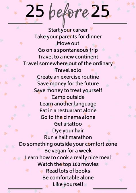 Bucket lists for different stages in your life are a great idea because they make lifetime bucket lists more achievable and it means life won't pass you by. Do these 25 things before turning 25! Everyday To Do List Ideas, 16 Before 16 Bucket List, Things To Do In Life Bucket Lists, Things To Do Before 25 Turning 25, Before Turning 20 Bucket Lists, Do Something New Everyday List, Personal Growth Bucket List, Things To Achieve In Life, Beauty Bucket List