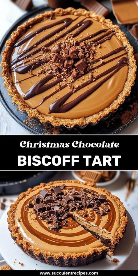 Indulge in this Decadent Christmas Chocolate Biscoff Tart! With a creamy chocolate filling and crunchy Biscoff crust, it’s the ultimate holiday dessert that’s sure to delight your family and guests. Biscoff Tart, Decadent Christmas Desserts, Holiday Tarts, Biscoff Crust, Chocolate Tarts Recipe, Biscoff Recipes, Dessert Spread, Holiday Chocolate, Holiday Dessert Recipes