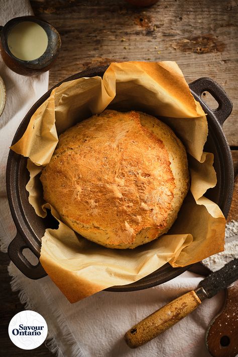 Made with fresh, local Ontario Kefir, this sourdough bread recipe is perfect for those of you who are thinking of joining the growing trend of home baked breads. The kefir helps give it a wonderful moisture and the right hint of sourness the bread is known for. Find the recipe at SavourOntario.ca! Celeriac Soup, Potato Cheese Balls, Chocolate Olive Oil Cake, Truffle Cheese, Baked Breads, Smoked Trout, Easter Bread, Olive Oil Cake, Sourdough Bread Recipe