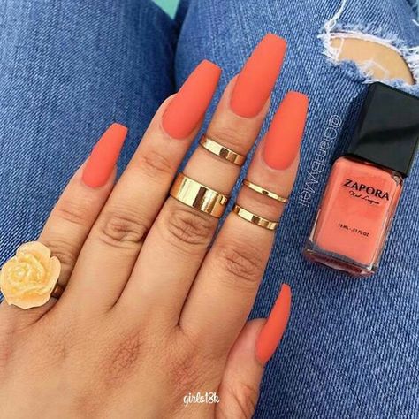 Matte orange Coral Acrylic Nails, Orange Nail, Matte Nails Design, Summer Acrylic Nails, Acrylic Nails Coffin, Orange Nails, Beauty Nail, Coffin Nails Designs, Nail Shapes