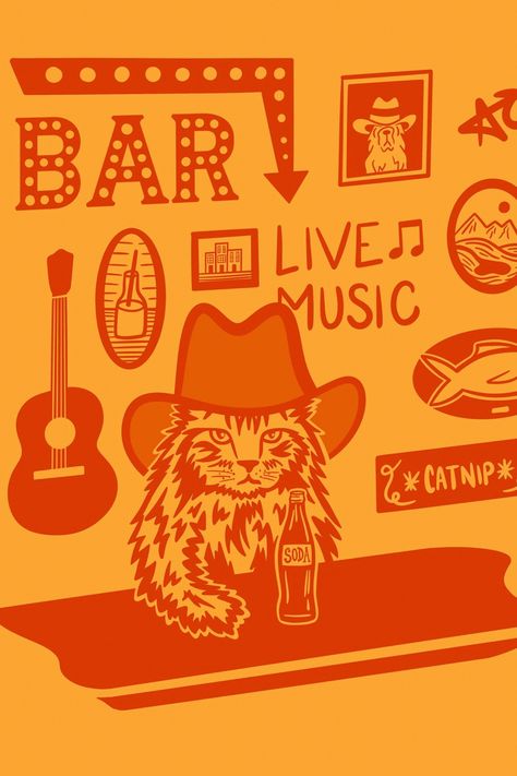 Orange Cowboy Aesthetic, Country Bars, Cute Cowboy Hat, Bar Wallpaper, Tennessee Aesthetic, Cute Art Prints, Country Illustration, Cat Bar, Country Bar