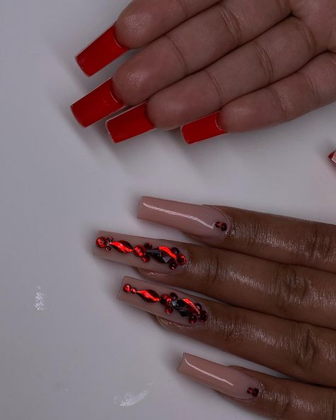 Pink Nails With Red Bottoms, Red Bottom Nails With Rhinestones, Red Nails With Rhinestones Bling, Nude Red Bottom Nails, Nails For Red Prom Dress, Prom Nails With Red Dress, Nails For Red Dress Ideas, Red Bottoms Nails, Black Red Bottom Nails