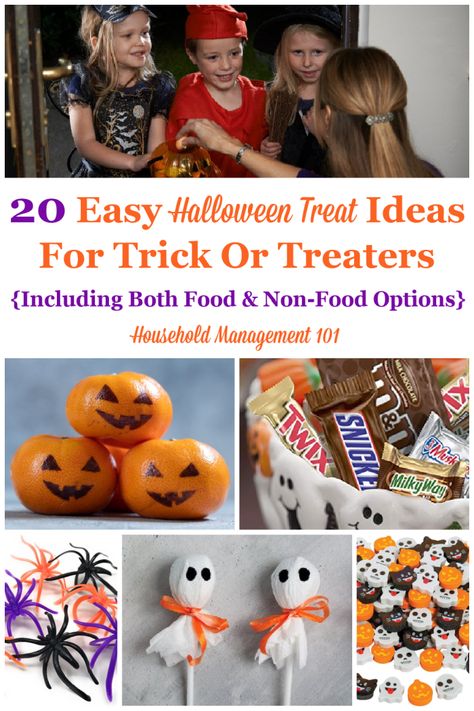 Here are 20 easy Halloween treat ideas for trick or treaters, including both food and non-food options, so that you can please the kids coming to your door without a lot of work on your part {on Household Management 101} Cool Trick Or Treat Ideas, No Contact Trick Or Treat Ideas, Healthy Trick Or Treat Ideas, Fun Trick Or Treat Candy Ideas, Eco Friendly Halloween Treats, Alternatives To Trick Or Treating, Halloween Candy Alternatives, Holiday Organization Storage, Halloween Treat Ideas