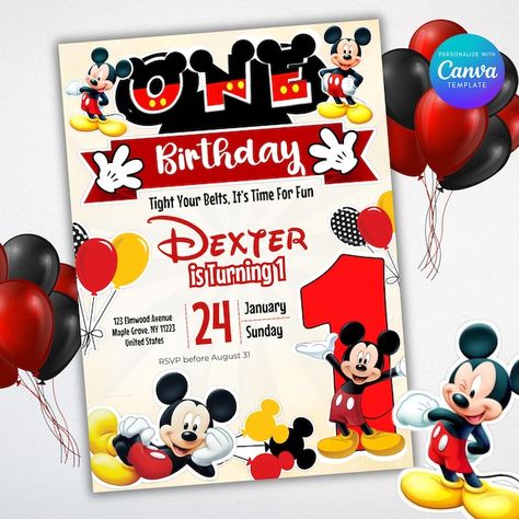 ArtsDesignsCreations - Etsy Mickey Mouse Birthday Invitations, Mickey Mouse Invitation, Mickey Mouse Invitations, Mickey Mouse First Birthday, Cartoon Birthday, Mickey Mouse Clubhouse Birthday, Spongebob Birthday, Baby Mickey Mouse, Birthday Flyer