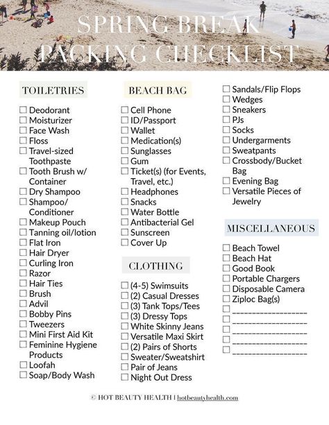 Going to a fun destination like the beach or an amusement park with the family this spring break? Here’s a free spring break packing checklist printable to make packing your suitcases a breeze. Hot Beauty Health #packinglist #traveltips #springbreaktravel #packingchecklist Beach Weekend Packing, Packing List Free Printable, Business Trip Packing List, Spring Break Florida, Spring Break Packing List, Spring Break Packing, Hiking Patagonia, Weekend Packing List, Spring Break Party